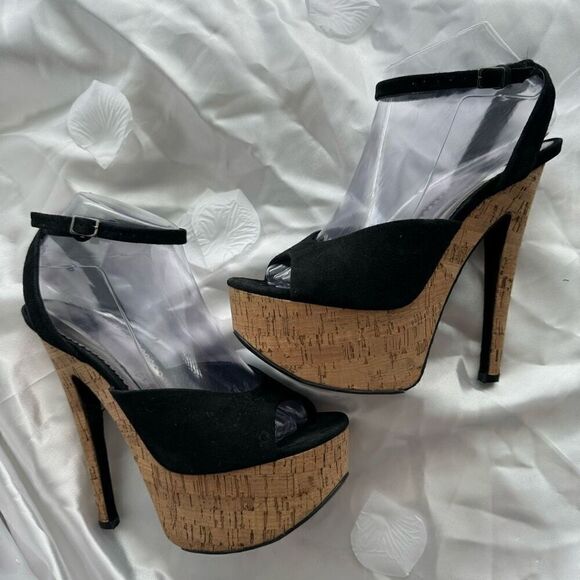 Carlo Rossetti Cork Platform Pump Open Toe Black/Tan Women’s Shoe Size 8.5 - Picture 2 of 8